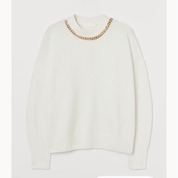 H&M Chain Detail Sweater Wool blend Gold Chain White M - Picture 5 of 14